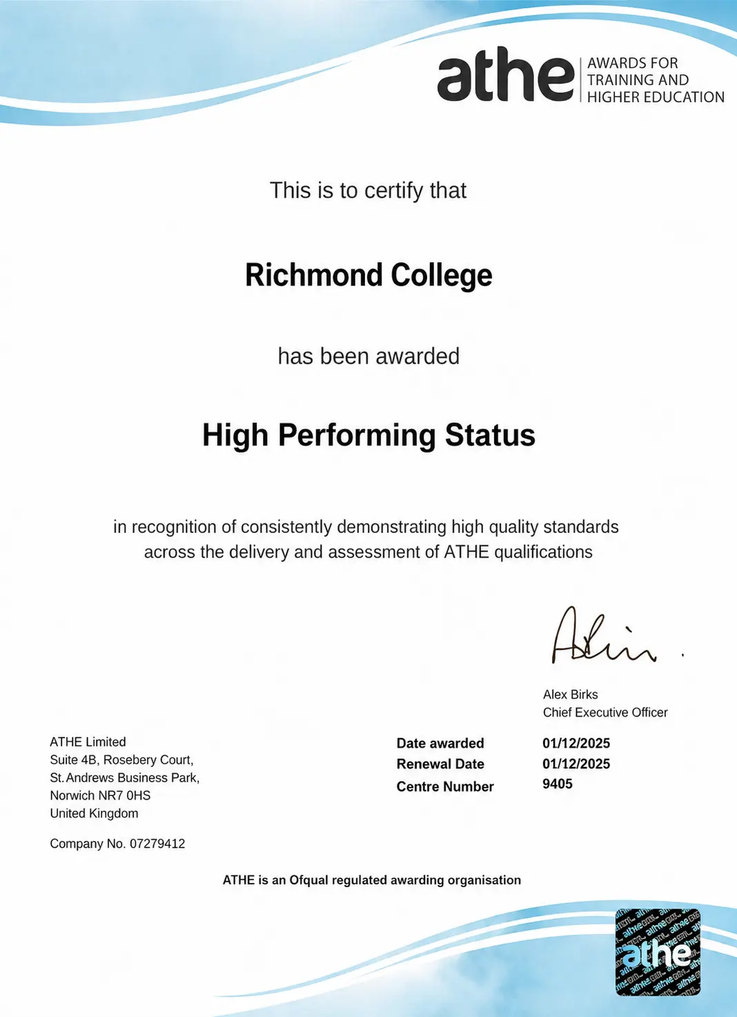 ATHE High Performing Status certificate awarded to Richmond College